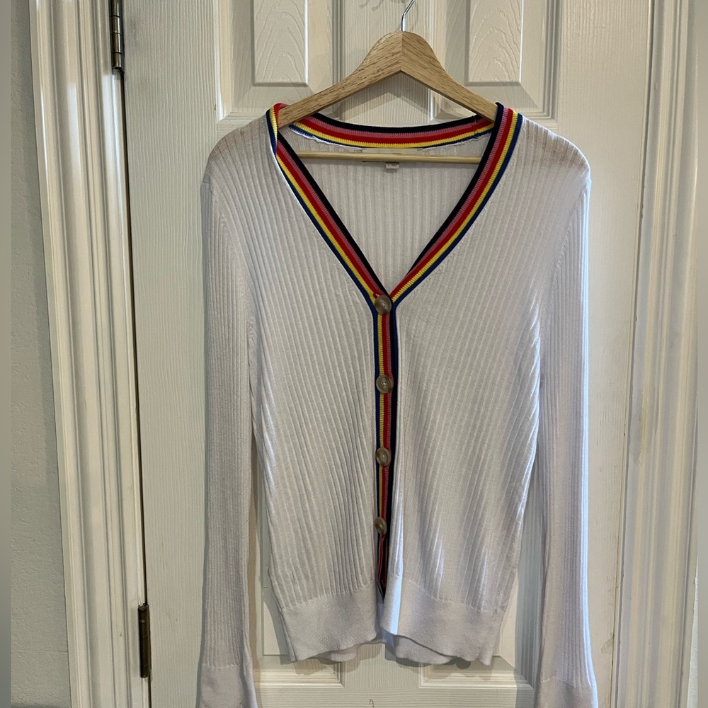 LOFT White Cardigan with Multicolor Trim